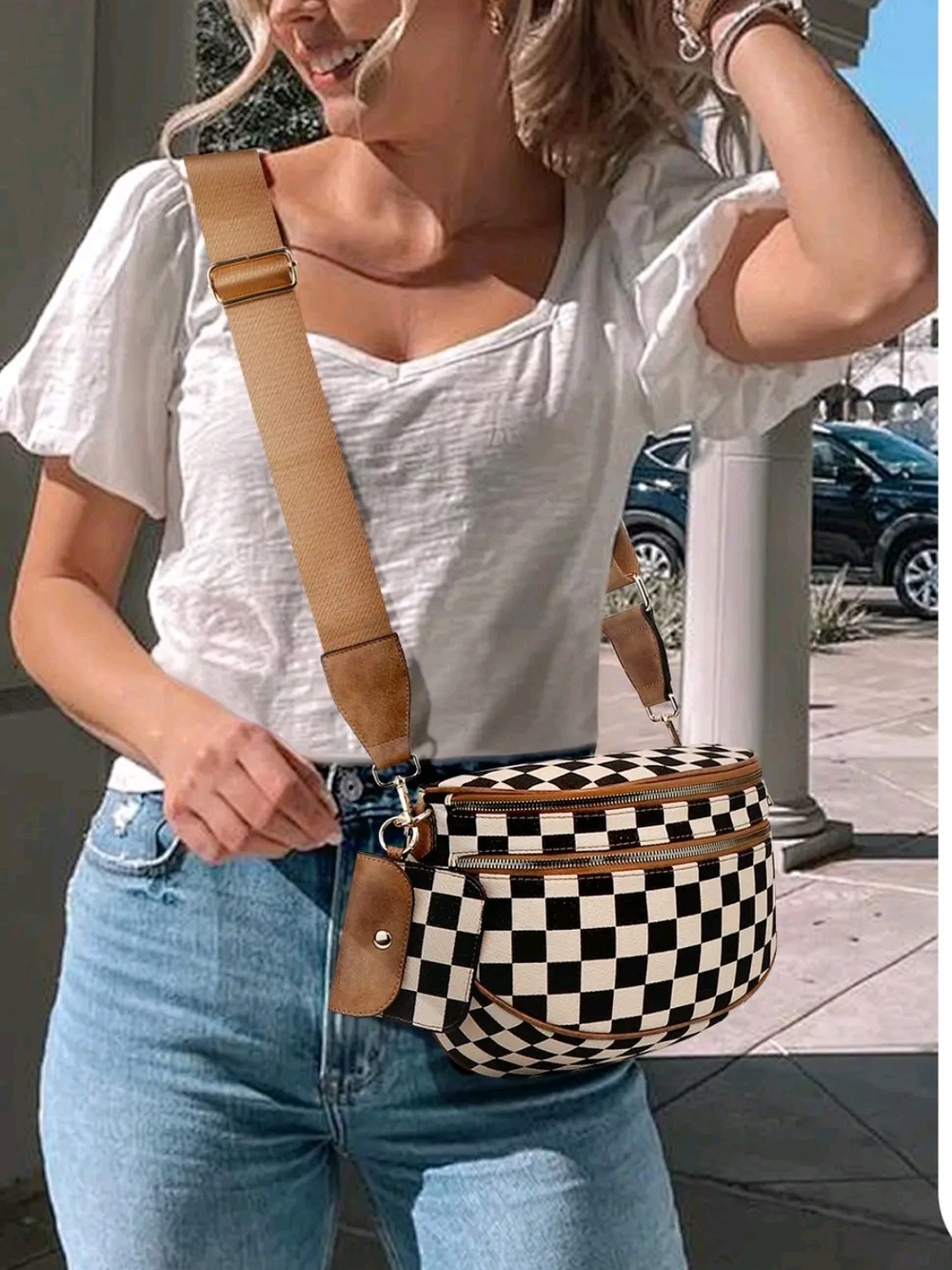 Gainsns Checkerboard Crossbody Bum Bag - Beige & White NWT